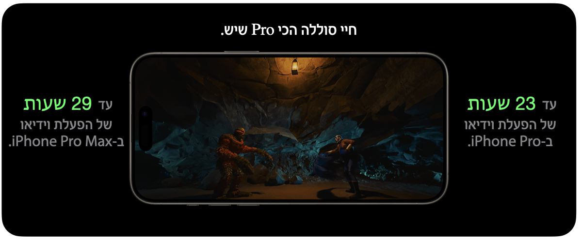 חיי סוללה הכי Pro שיש. עד 23 שעות הפעלת וידיאו ב-iPhone Pro. עד 29 שעות תשל הפעל וידיאו ב-iPhone Pro Max